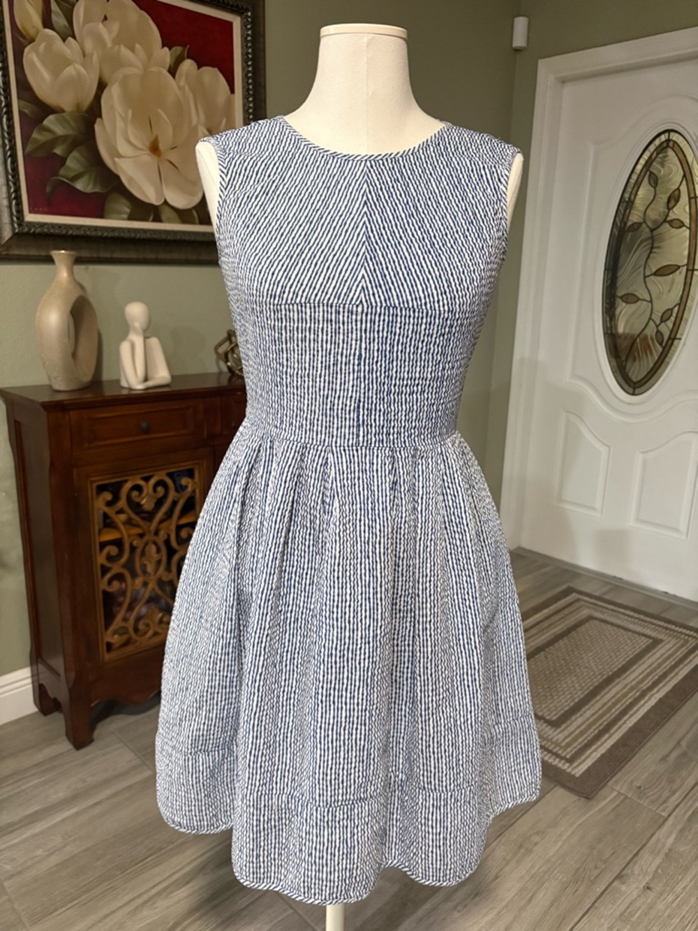 MaxMara Blue and White Striped Sleeveless Fit-and-Flare Mini Dress